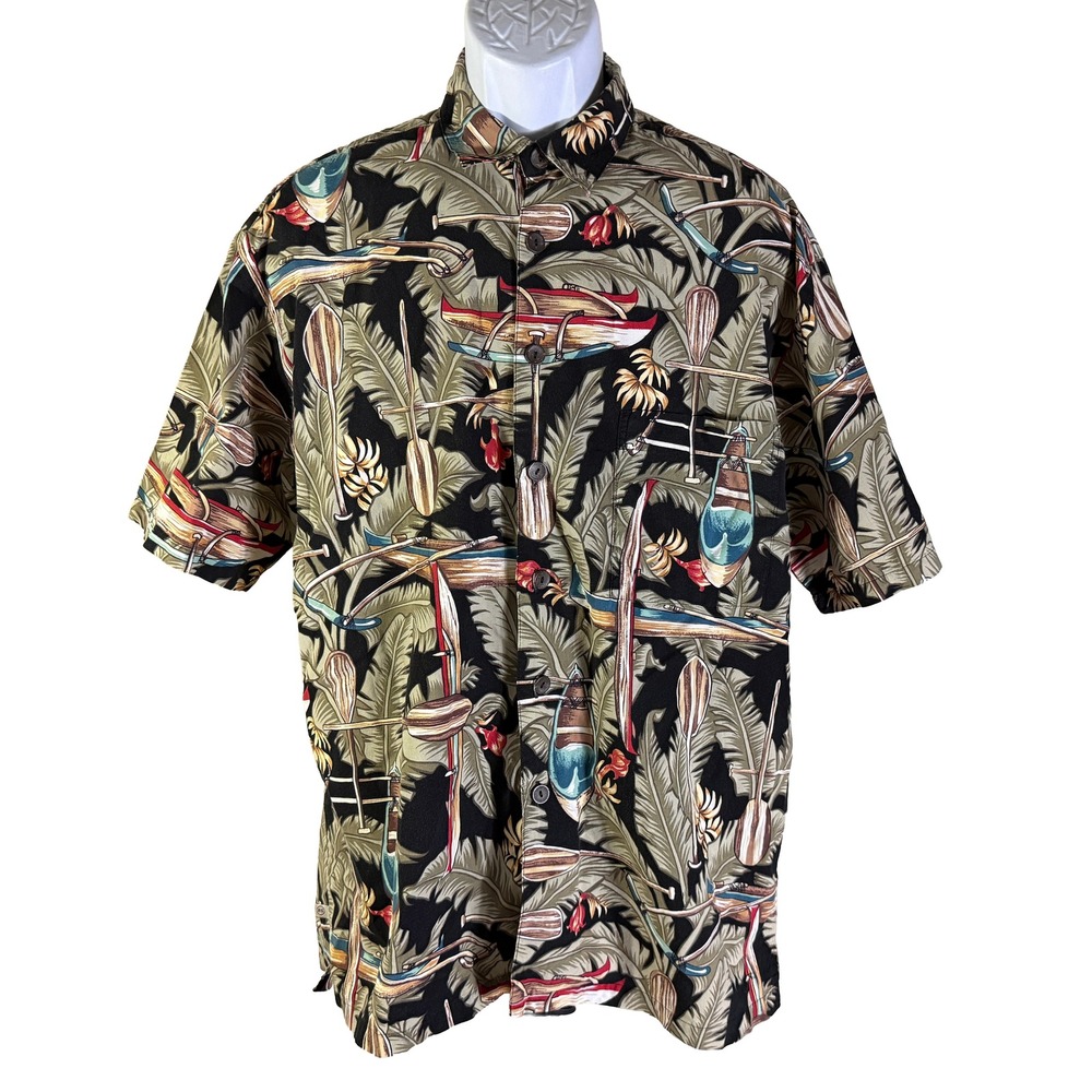 Robert Stock Button Down Shirt Mens Medium Black Tropical Canoe Print Silk Blend